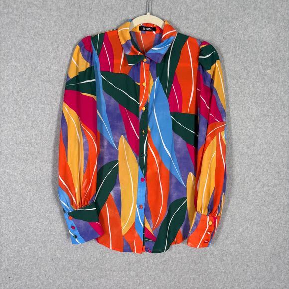 BTFBM Tops - 90s Blouse Top Small Button Puff Flowy Leaf Maximalist Bold Twee Artsy Career